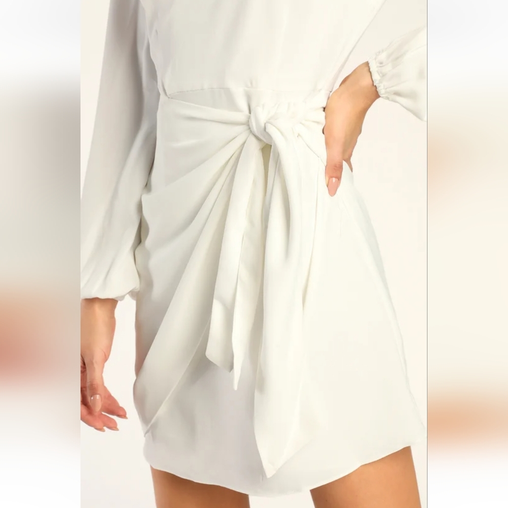 Lulu's Believe It or Knot Ivory Long Sleeve Tie-Front Skater Dress Size Medium - Picture 4 of 9